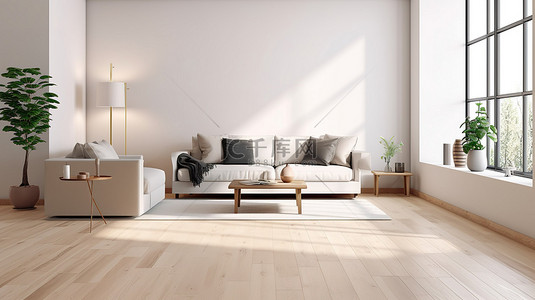 北欧家具沙发背景图片_北欧客厅的 3D 渲染，配有白色沙发咖啡桌木地板和墙壁