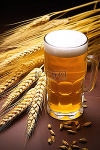 小麦黄色背景图片_一杯啤酒，玻璃杯里有小麦和黄色的麦秆