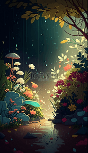 卡通雨背景图片_花树小路雨中的植物卡通可爱背景