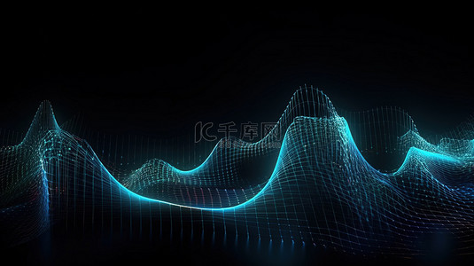 波浪圈背景图片_数字蓝色霓虹线点和粒子网络大数据抽象背景与波浪 3d 技术