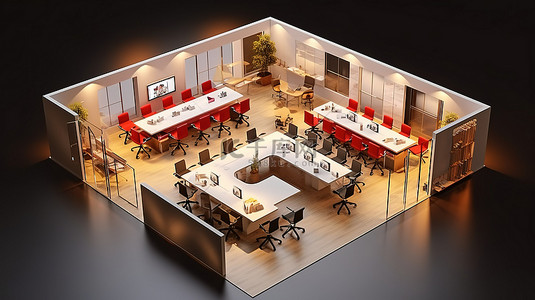办公空间中接待室和会议室的等距视图的 3D 渲染