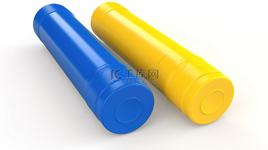 3d 插图黄色和蓝色胶棒隔离在白色背景上