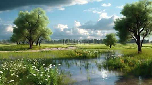 夏日雨中树木河流和绿色田野的 3D 插图