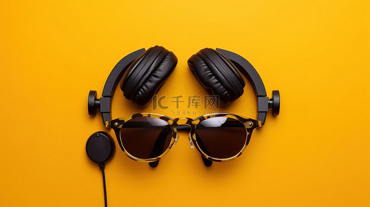 耳机和 3d 眼镜的黄色顶视图
