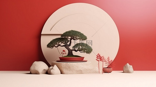 红色圆圈背景和日本石基座与简约盆景树的 3D 渲染