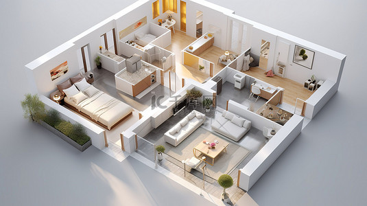 从顶视图看底层公寓的 3D 室内设计
