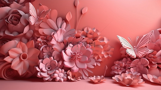 3d 渲染中的花朵和蝴蝶强调抽象粉红色背景