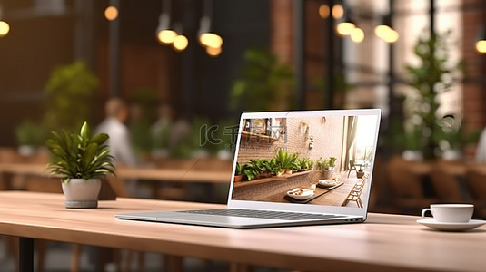 联合办公背景图片_桌子上有空白屏幕的笔记本电脑的 3D 渲染，背景是联合办公空间咖啡馆的模糊背景