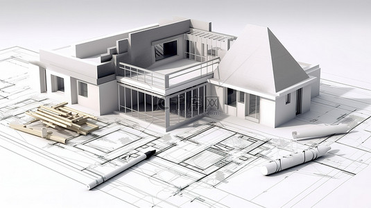 白色背景上具有 3D 房屋和工具的建筑蓝图