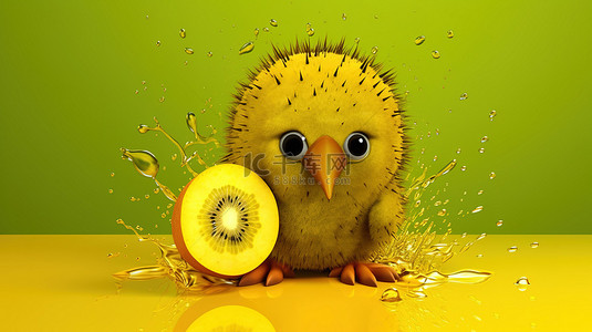 黄色背景上被水溅包围的猕猴桃的 3D 插图