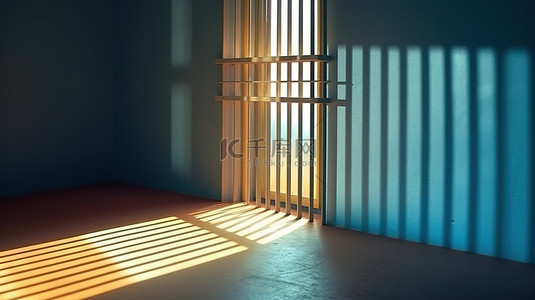 监狱环境中带阴影和照明的铁窗 3D 渲染图像