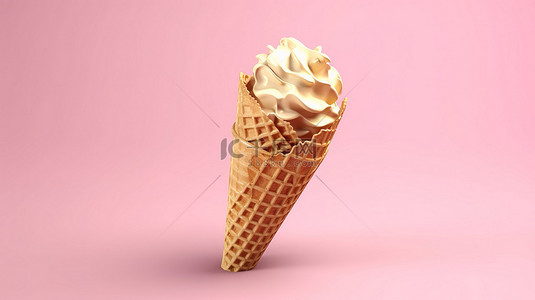 冰淇淋勺背景图片_3d 创建的粉红色背景上带有金色华夫饼锥的闪闪发光的软冰淇淋