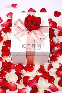 白色背景上花瓣顶部的红白玫瑰花瓣礼盒
