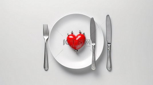 爱厨房背景图片_白桌 3d 渲染上带心叉和刀的盘子