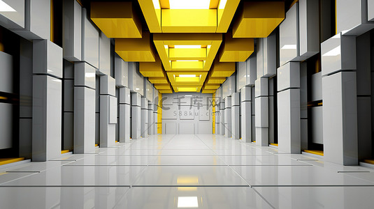 黄色建筑背景背景图片_带有灰色和黄色面板的抽象建筑背景的 3D 渲染插图