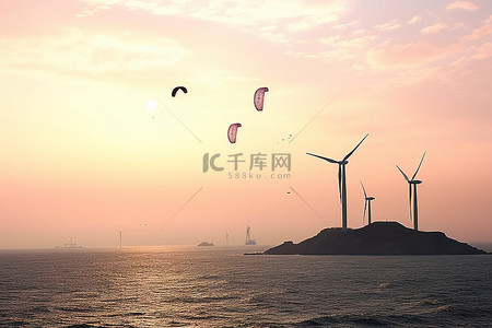 压力大的中国男人背景图片_滑翔伞在风力涡轮机的海洋上空飞行
