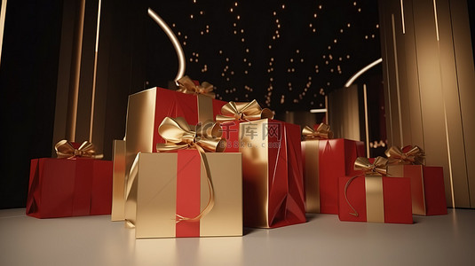圣诞礼盒礼盒背景图片_一个漂亮的金色礼盒，带有红丝带 3D 渲染插图，背景中有购物袋