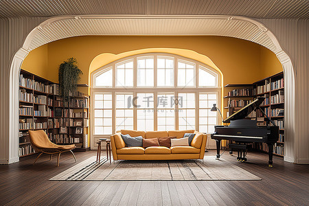 黄色和棕色条纹的沙发周围是钢琴和书架