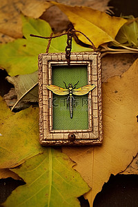小蜻蜓挂在秋叶的框架上