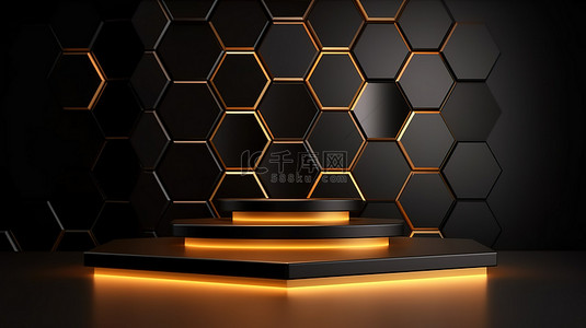 金色蜂窝抽象背景黑色3D产品展示讲台豪华展台模板