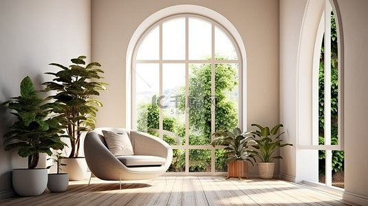 当代空间拥有宽敞的拱形窗户，可欣赏郁郁葱葱的花园和别致的座椅 3D 渲染的景色