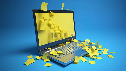 蓝色背景在 3d 渲染的笔记本电脑上溢出黄色的笔记