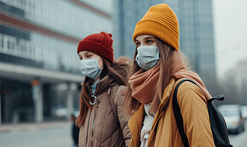 城市生活青年女人戴口罩在户外行走
