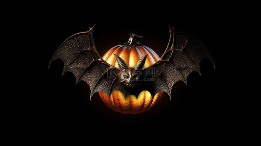 幽灵般的万圣节南瓜与蝙蝠翅膀翱翔，有足够的空间用于文本 3D 渲染