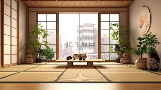 公寓窗户背景图片_现代生活空间 3D 渲染现代房间，配有榻榻米垫和日式门，俯瞰风景优美的窗户景观