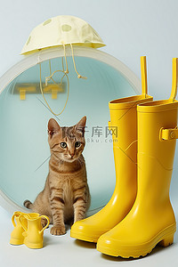 两只猫背景图片_篮伞下的两只黄色雨靴