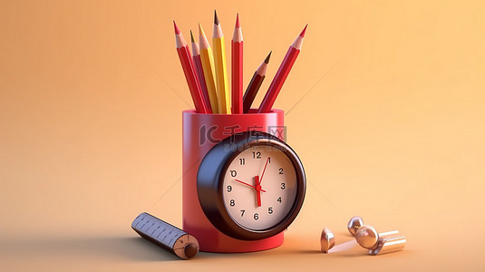 日曆卡通背景图片_带有日历时钟和铅笔的办公桌的卡通风格 3D 渲染
