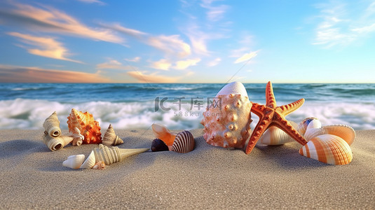 沙滩海洋夏日风景背景图片_沙滩上栖息的各种贝壳和海星 3D 可视化