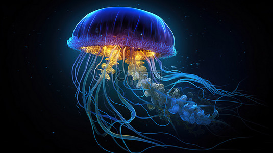 霓虹灯水母在蓝色海洋深处翩翩起舞，令人惊叹的 3D 插图，带有长刺胞细丝的水母