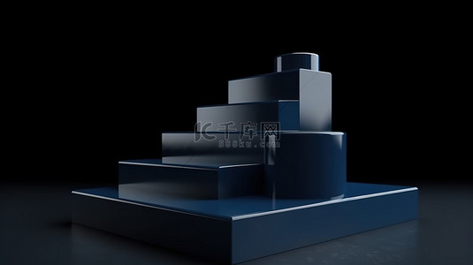 三个深蓝色讲台基座和带有楼梯装饰的台阶的舞台高架 3D 渲染