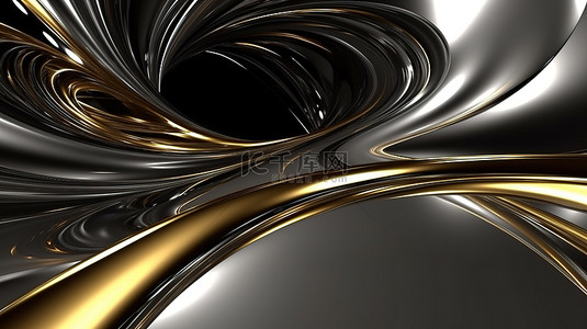 金子背景图片_黄金和白银 3d 渲染中的抽象金属曲线背景