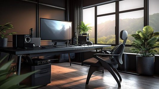 电脑椅背景图片_具有桌子和台式电脑的办公空间的 3D 渲染