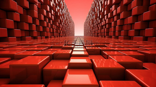 从独特的角度3D渲染红色立方体墙