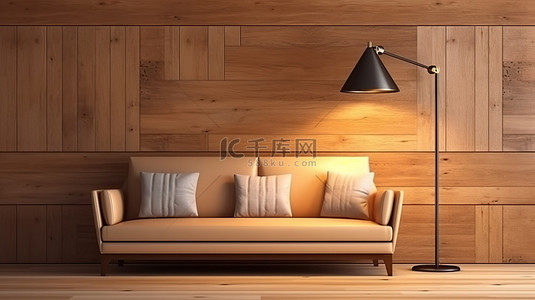 沙发设计背景背景图片_令人惊叹的 3D 渲染木制房间设计，配有优雅的沙发和灯
