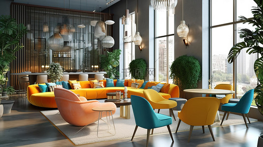 市中心色彩缤纷的当代咖啡馆内饰，采用 3D 呈现的豪华欧洲设计