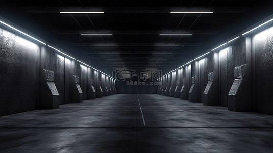 夏日蓝紫色展板背景图片_宽敞昏暗的车库 3D 渲染无人占用的隧道走廊，具有混凝土背景和微弱的发光光