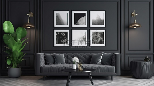 室内画框样机背景图片_房间内装饰画框的模型，配有黑色沙发和 3D 渲染的室内植物