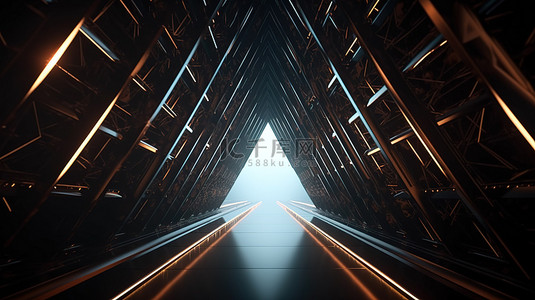 led动画背景图片_科幻 vfx 空间运动背景动画 3d 渲染通过旋转三角形金属隧道飞行