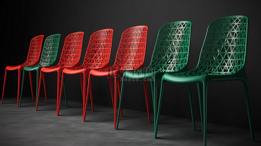 一系列绿色色调的塑料和金属椅子，带有流行的红色 3d 渲染