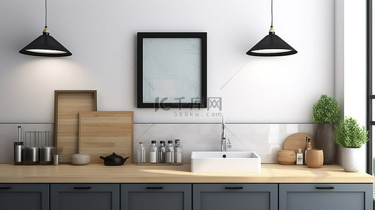 带模型海报的现代风格厨房的 3D 渲染