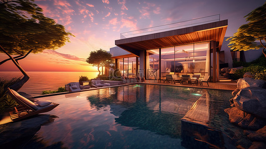令人惊叹的 3D 渲染海滨别墅，享有宁静的日落美景和豪华游泳池
