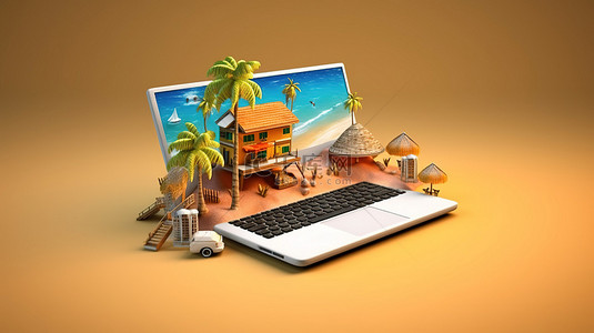 通过计算机在线暑假预订假期的 3D 插图