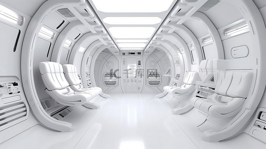 现实与未来背景图片_白色内部宇宙飞船与家具 3d 渲染背景