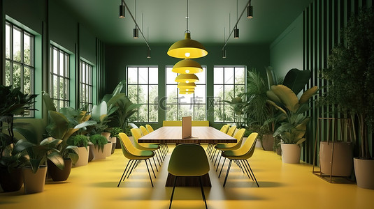 室内会议背景图片_3D 渲染的办公空间，采用充满活力的绿色和黄色装饰，适合高效的商务会议