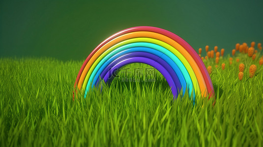 草地上的卡通彩虹 3d 渲染