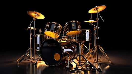 鼓乐器乐器背景图片_时尚黑色鼓组的 3D 图像，带有优雅的金色装饰